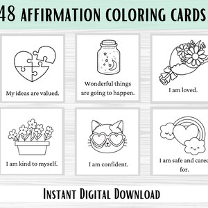 Affirmations Coloring Cards, Affirmations for Kids, Printable Digital Therapy Tools, Mindfulness, Positivity Cards