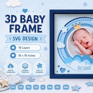 以下が含まれることがあります： 青いフレームの3Dベビーフレーム。眠っている赤ちゃんの写真が入っています。フレームは25.4 x 25.4 cmで、雲、ハート、王冠をあしらったレイヤーデザインです。「3D BABY FRAME」と「SVG DESIGN」の文字が含まれています。