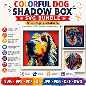 May include: Colorful dog shadow box SVG bundle with 3 designs. Includes layered paper cut files for vibrant dog lover decor. The image shows three framed dog portraits, each 8.25 x 8.25 inches, in a colorful pop art style.