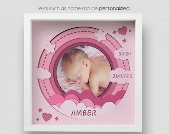 May include: A pink and white framed digital download for a baby girl's nursery. The design features a circle with a baby's photo, a heart, stars, and clouds. The text "AMBER" is at the bottom of the design. The date "21/01/23" and time "08:30" are also included. The design is available in SVG, PDF, AI, DXF, EPS, JPG, PNG, and DWG formats.