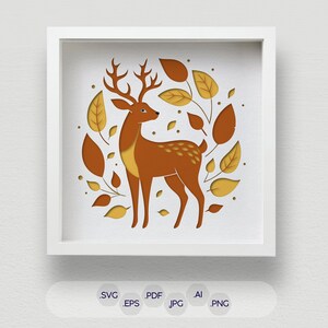 Peut inclure: Un cadre blanc avec un fond blanc et un cerf brun avec des bois debout dans un cercle de feuilles jaunes et orange. Le cerf regarde vers la droite.