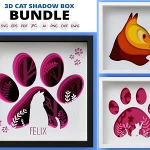 Lot 3D Cat Paw Shadow Box SVG, personnalisé découpé au laser multicouche