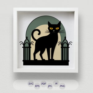 Wielowarstwowy czarny kot SVG, Halloween Shadow Box