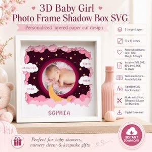 3D Baby Girl Photo Frame Shadow Box SVG, Multi-Layered Paper Cut