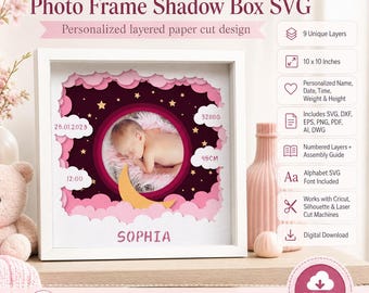 3D Baby Girl Photo Frame Shadow Box SVG, Multi-Layered Paper Cut