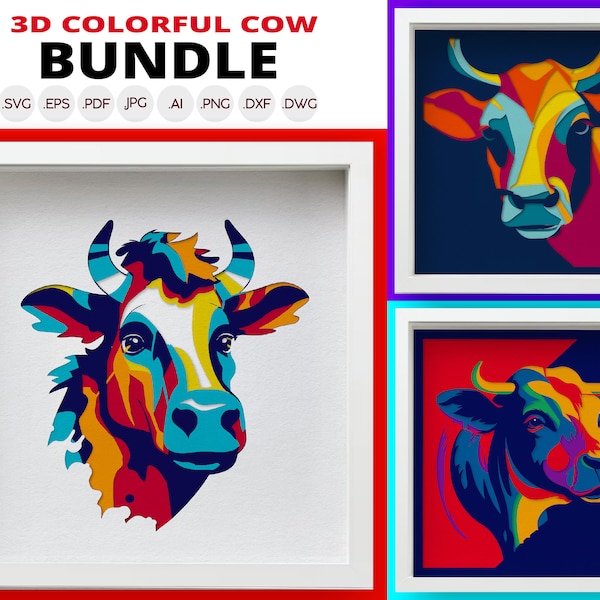 3D Colorful Cow Shadow Box SVG Bundle, Multi-Layered Paper Cut