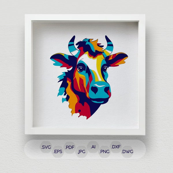 3D Colorful Cow Shadow Box SVG, Multi Layered Laser Cut