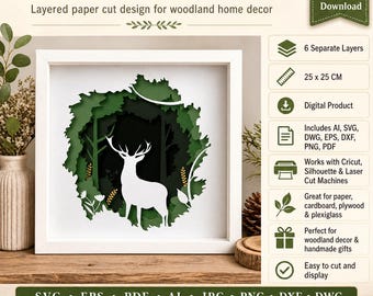3D Deer Forest Shadow Box SVG, Layered Laser Cut