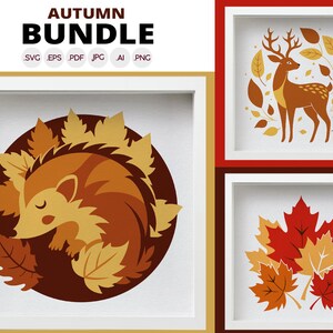 May include: A set of three autumn-themed illustrations featuring a hedgehog curled up among orange and yellow leaves, a deer with brown and white spots standing in a circle of leaves, and a cluster of red and orange maple leaves.