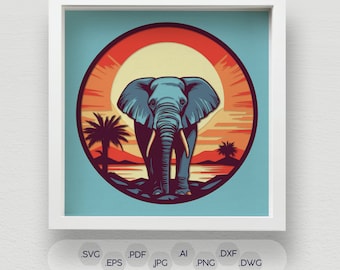 Vibrant 3D Elephant Shadow Box SVG, Layered Multi-Colored Paper Cut Files