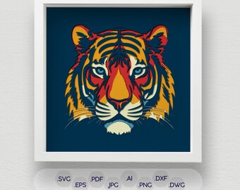 3D Colorful Tiger Shadow Box SVG, Multi-Layered Laser Cut