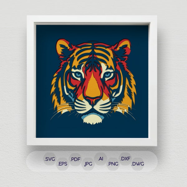 3D Colorful Tiger Shadow Box SVG, Multi-Layered Laser Cut