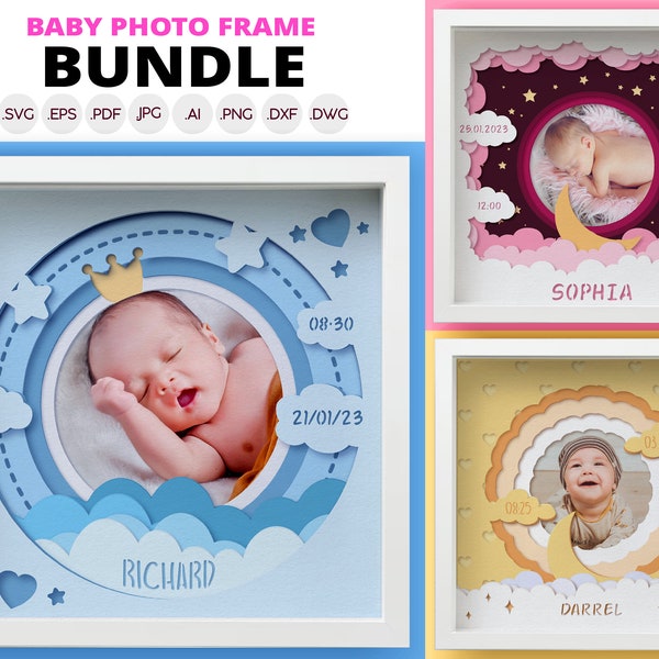 Cadre photo bébé SVG, paquet de boîte d'ombre 3D, coupe de papier multicouche