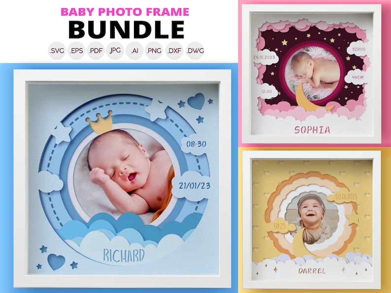 May include: Baby photo frame bundle featuring three framed baby photos. Each frame has a unique design with a baby's photo, name, and birth details. The frames are white, with colorful paper cut-out designs in blue, pink, and yellow.