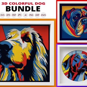 3D Bunter Hund Shadow Box Bundle SVG, mehrschichtiger Laserschnitt