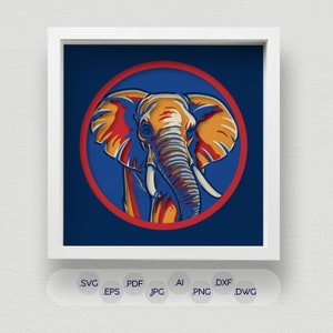 Éléphant 3D vibrant Shadow Box SVG, couches de fichiers multicolores découpés dans du papier