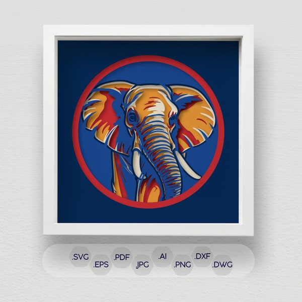 Vibrant 3D Elephant Shadow Box SVG, Layered Multi-Colored Paper Cut Files