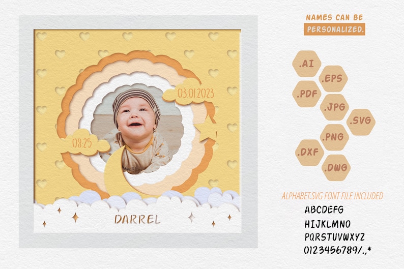 May include: A personalized baby photo frame with a smiling baby's photo, the name "Darrel", and the date 03/01/2023. The frame has a yellow and orange color scheme with a moon, stars, and cloud design. The text "NAMES CAN BE PERSONALIZED" is also included.