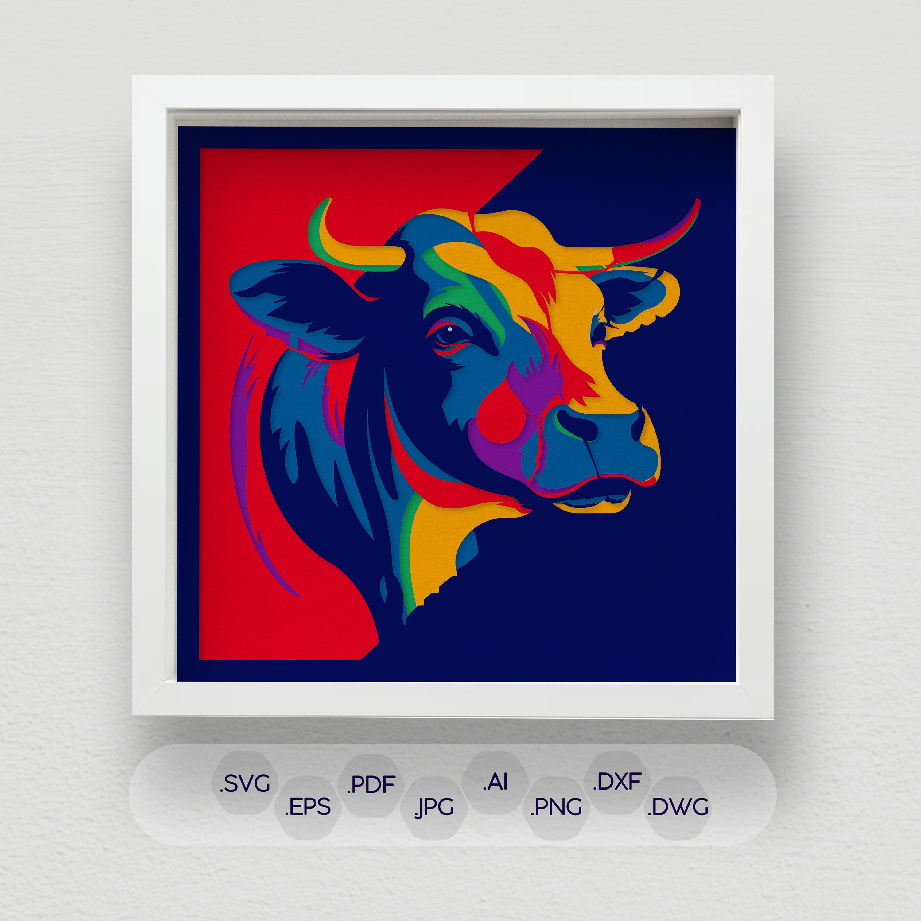 3D Colorful Cow Shadow Box SVG, Multi Layered Laser Cut