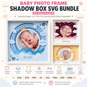Op de afbeelding: Baby fotolijst shadow box SVG-bundel met drie ontwerpen. Inclusief gelaagde papieren snijbestanden voor gepersonaliseerde baby souvenirs. De frames zijn 21 x 21 cm en bevatten babyfoto's met namen en data. Perfect voor babycadeaus.