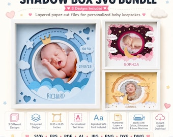 Puede incluir: Paquete SVG de marco de fotos para bebé con tres diseños. Incluye archivos de corte de papel en capas para recuerdos personalizados de bebé. Los marcos miden 21 x 21 cm y presentan fotos de bebés con nombres y fechas. Ideal para regalos.