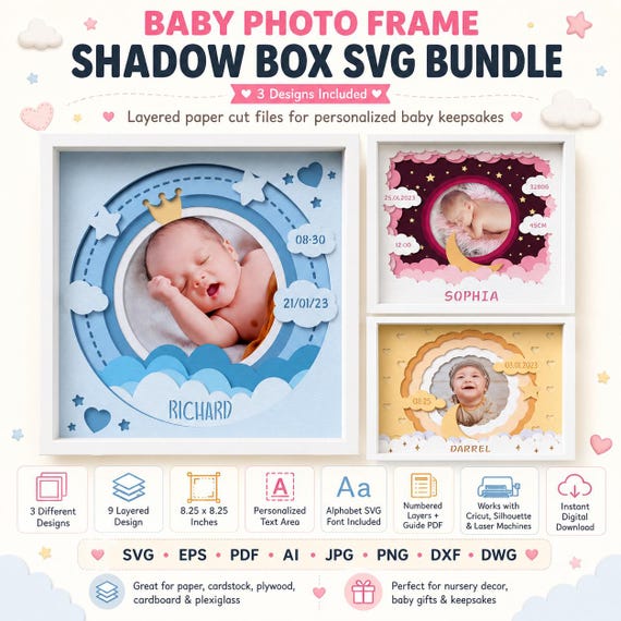 Baby Photo Frame SVG, 3D Shadow Box Bundle, Multi-Layered Paper Cut