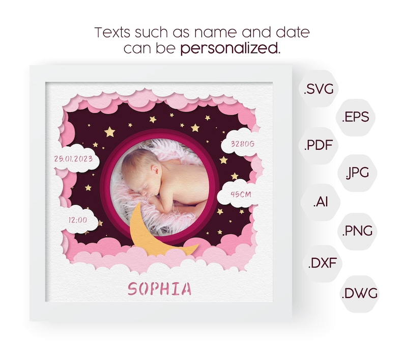 May include: A framed baby announcement with a photo of a newborn. The design features a pink and white cloud and star theme, with the baby's name, birth date, time, weight, and length (45cm) displayed. The text says "Texts such as name and date can be personalized."