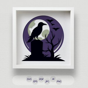 May include: A black crow perched on a tombstone in front of a purple moon with a white center. Three black bats fly around the moon. The scene is set against a dark purple background.