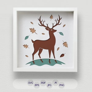 Puede incluir: Un marco blanco con una silueta de ciervo marrón de pie en una colina verde turquesa. El ciervo tiene grandes cuernos y está rodeado de hojas marrones y verdes.