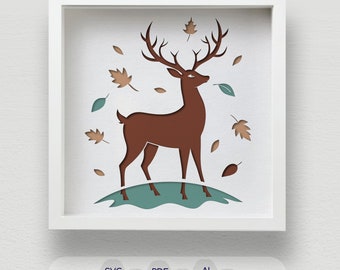 Mehrschichtige Hirsch SVG, Herbstwald Schattenbox