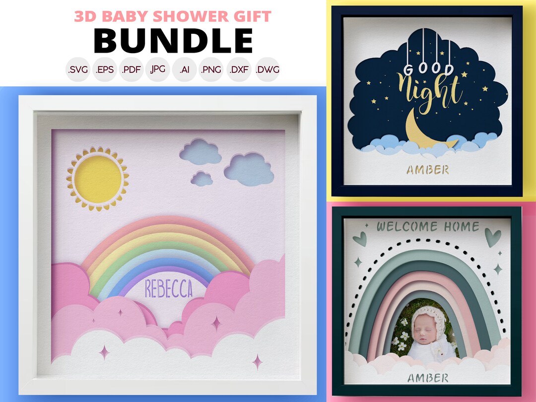 3D Baby Shower Shadow Box SVG Bundle: Rainbow, Photo Frame, Night Theme ...