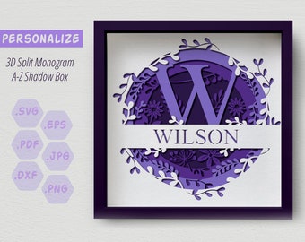 3D-gesplitst monogram AZ Shadow Box SVG, aanpasbaar alfabet familienaam gelaagd papier gesneden