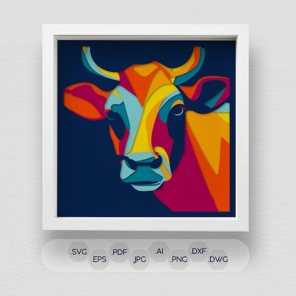 3D Colorful Cow Shadow Box SVG, Multi Layered Laser Cut