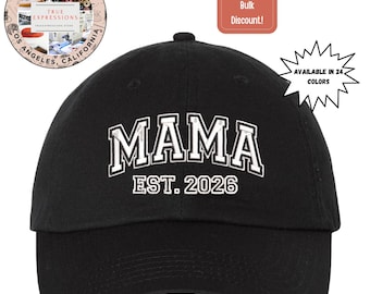 Personalisierte Mama Est 2026 Hut | Neue Mom Baby Reveal Baseballmütze | Personalisierte Varsity Mutter Geschenk | Hergestellt in den USA | 24 Farben