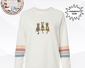 Abstract Trio Cat Embroidered Sweatshirt | Retro Striped Sleeve Raglan Pullover | Geometric Feline Gift | Made in USA | True Expressions
