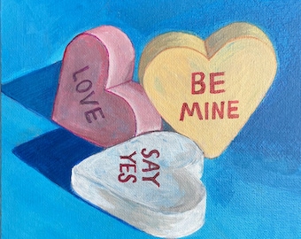 Candy Hearts Gemälde, 20x20cm Acryl Stillleben