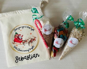 Personalised Christmas Eve bag, small bag with treat cones! Christmas bag. Stocking filler.