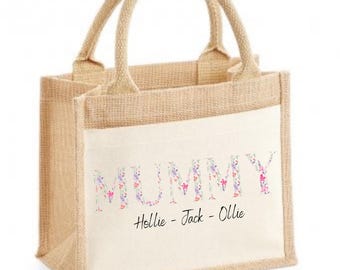Jute bags. Personalised. Mum gift idea. Choice of Words. Mum/Mama/Nan/Glamma. Children’s names also added.