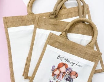 Mum gift idea. Bag. Custom print design. Personalisation options. Jute Shopping bag.