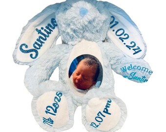 Personalised Teddy, Bunny, soft toy.  Photo Baby Gift, Christening Gift. New Baby gift.