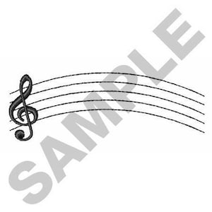 May include: Black and white illustration of a treble clef on a curved staff with five lines.