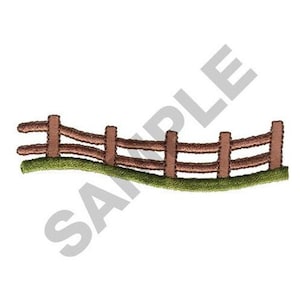 May include: A brown wooden fence with three rails, set against a green grassy background. The fence is curved and has a rustic, country feel.