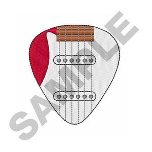 Puede incluir: Una púa de guitarra blanca con un diseño de guitarra roja y marrón. La guitarra tiene un cuerpo blanco, un mástil marrón y seis clavijas de afinación plateadas.