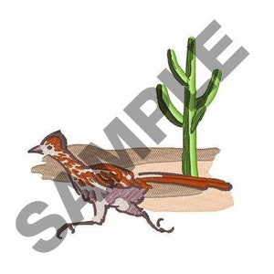 May include: An embroidered design of a brown and white roadrunner running across a sandy landscape with a green cactus in the background.