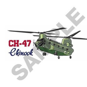 May include: A green and brown CH-47 Chinook helicopter with the text "CH-47 Chinook" in red and blue lettering.