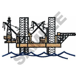 May include: A black and brown oil rig with multiple platforms and cranes, standing on blue water waves.