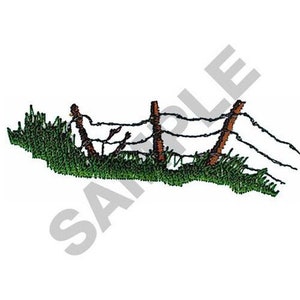 May include: A close-up of a barbed wire fence with three wooden posts. The fence is overgrown with green grass.