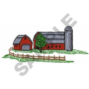 May include: An embroidered design featuring a red barn, a smaller red building, and a silo. A green tree stands next to the barn, and a wooden fence surrounds the buildings. The design is set against a white background.