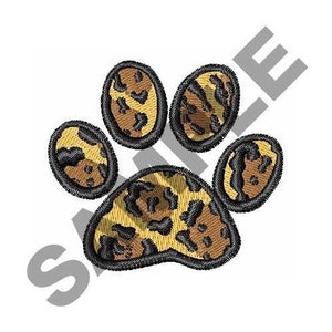 May include: A brown and yellow paw print with a leopard print design. The paw print is outlined in black.