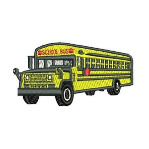 May include: A yellow school bus with black trim and the words "SCHOOL BUS" in red letters on the front. The bus has a stop sign on the side and a red light on the back.